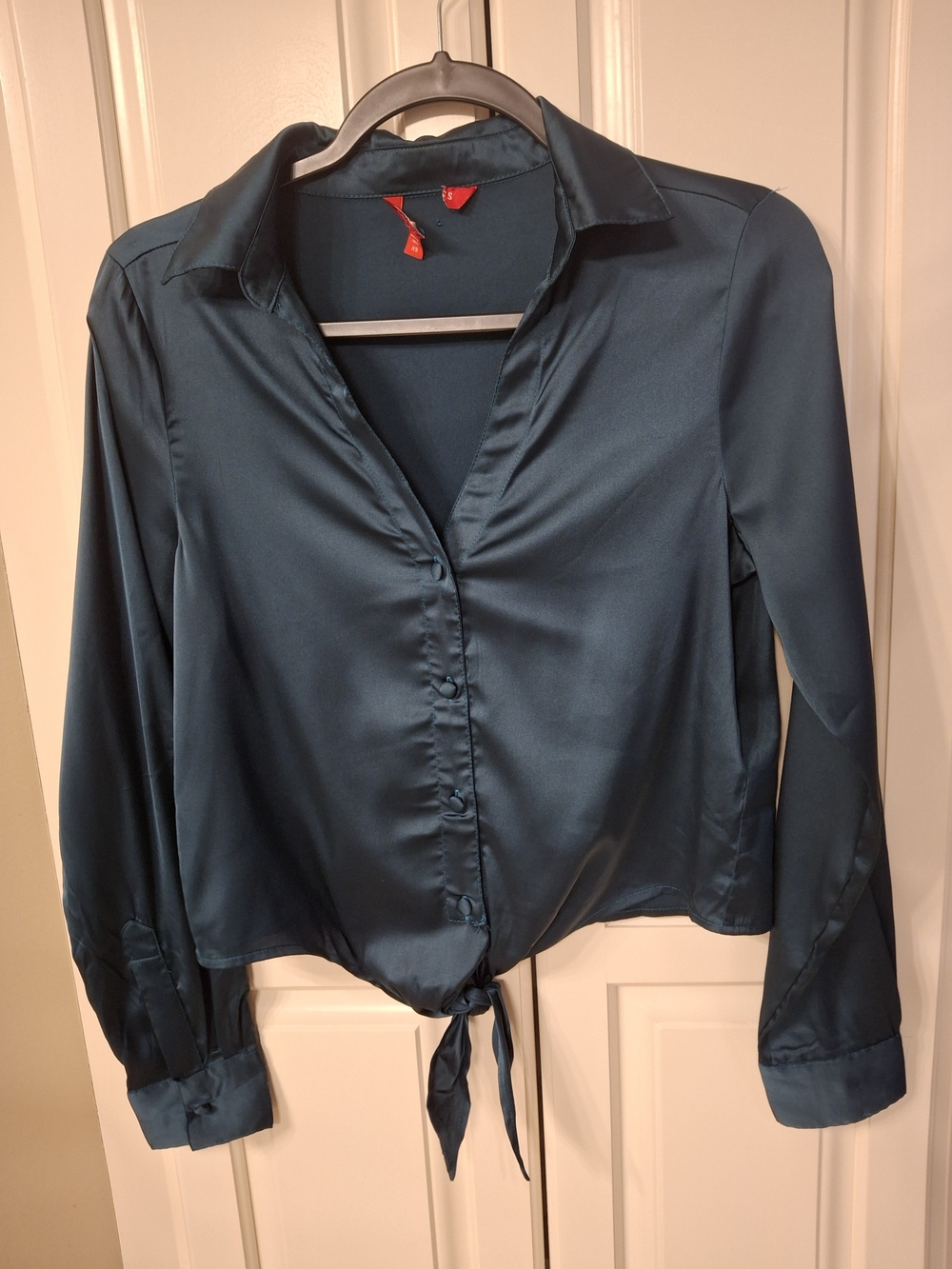 Guess Teal Satin Tie-Front Button-Down Blouse